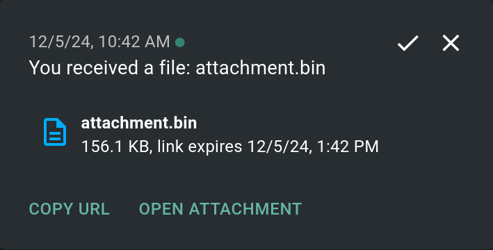 A screenshot of the ntfy interface showing 'You received a file: attachment.bin'